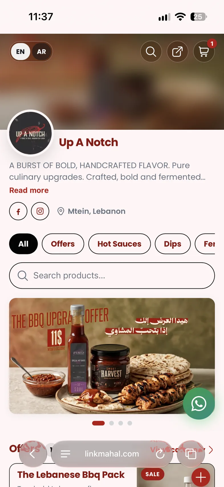 Real LinkMahal retail store: Up A Notch, with categories, product search and a WhatsApp button