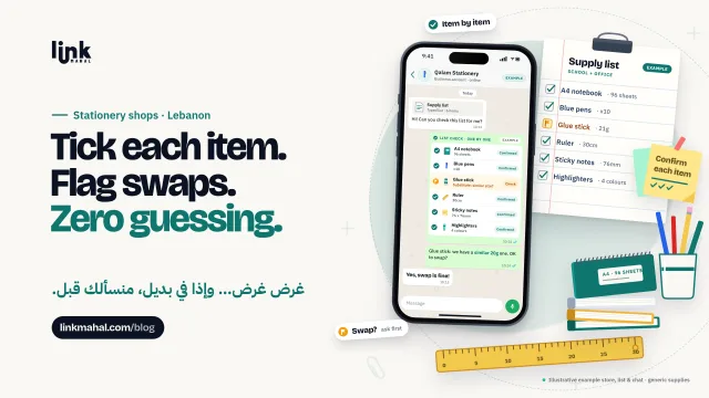 WhatsApp stationery shop Lebanon cover: example chat confirming a school supply list item by item, with a glue stick swap approved first