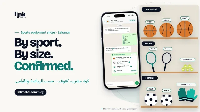 Cover for a guide to running a WhatsApp sports equipment shop Lebanon players can browse: Your Shop's gear grouped by sport and size on a phone