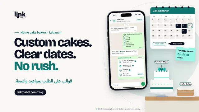 Cover for a guide to WhatsApp custom cake orders Lebanon home bakers can use: a decorated cake, a booking calendar with lead times and a phone order checklist