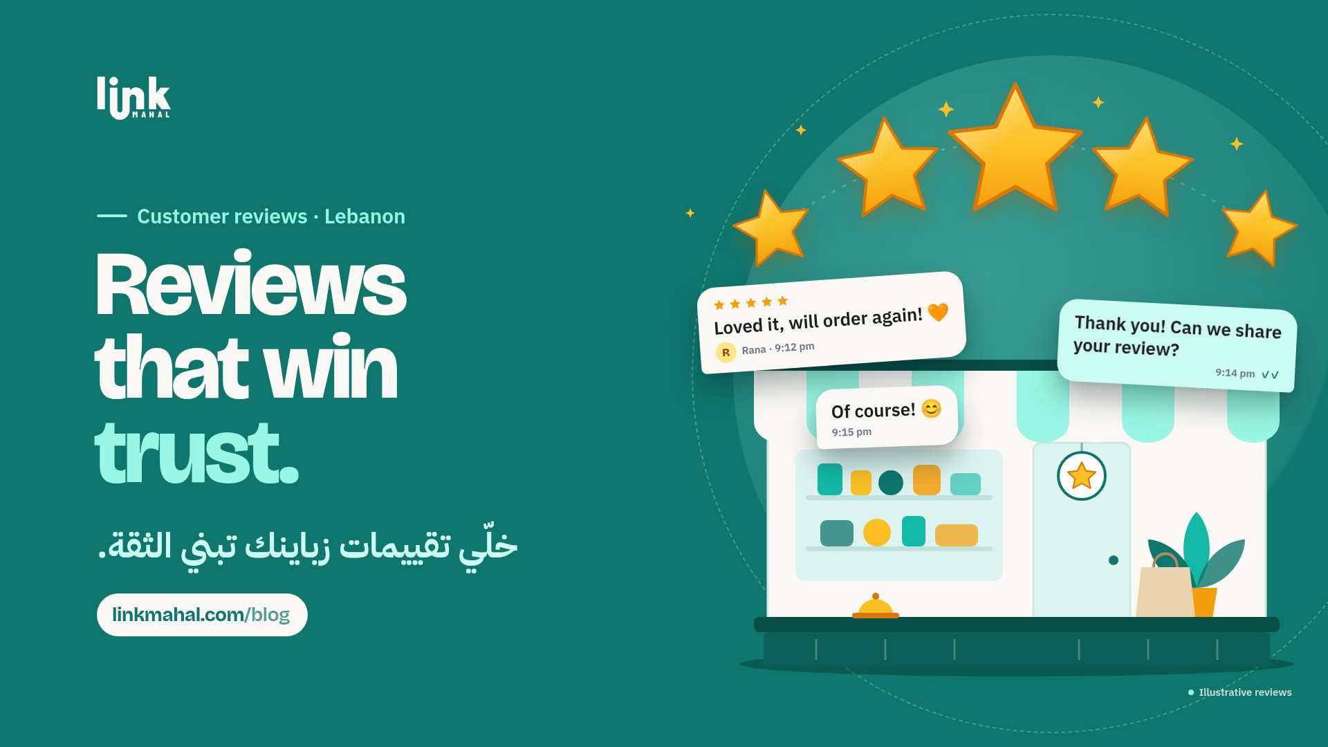 WhatsApp chat on a teal banner: a shop asks to share a five-star review and the buyer agrees, a simple path to customer reviews Lebanon buyers believe
