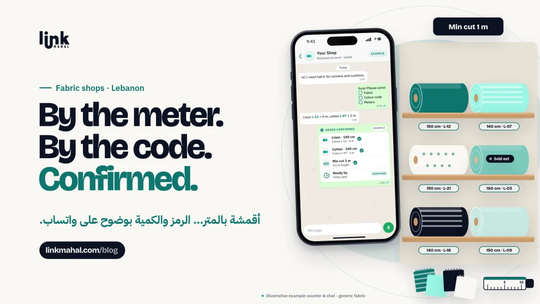 Cover for a guide to running a WhatsApp fabric shop Lebanon customers trust: fabric rolls tagged with width, color code and minimum cut beside a phone order checklist