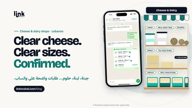 Cover for a guide to running a WhatsApp cheese shop Lebanon customers trust: labneh, akkawi and halloumi with pack-size labels beside a phone order checklist