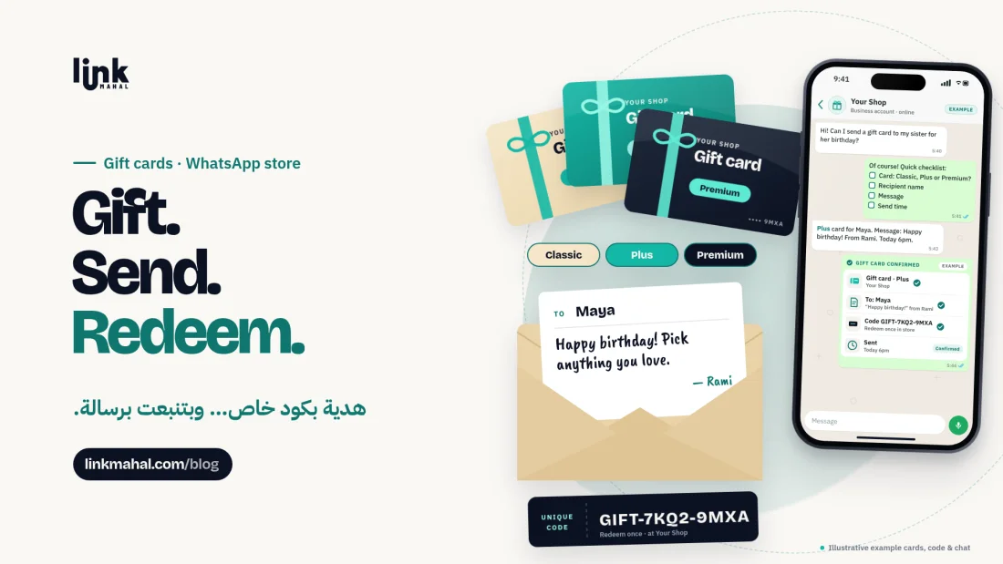 Cover for a guide to sell gift cards on WhatsApp: a phone showing Your Shop's WhatsApp store with gift card options