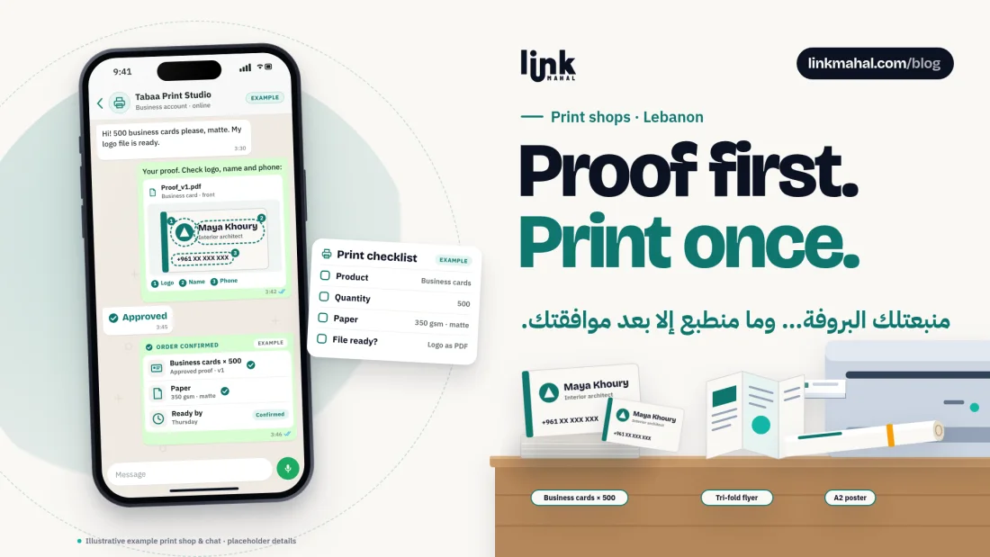 WhatsApp print shop Lebanon cover: business cards, a flyer and a rolled poster on a print counter beside a phone showing an approved proof