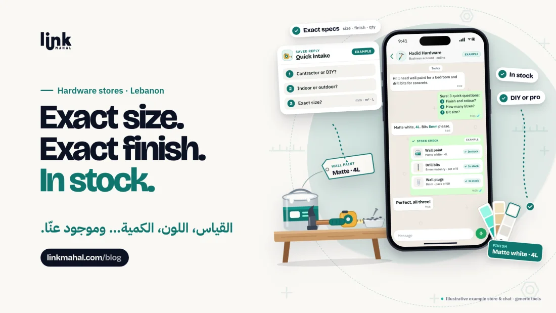 WhatsApp hardware store Lebanon cover: example chat with three quick intake questions and a stock check for paint, drill bits and wall plugs