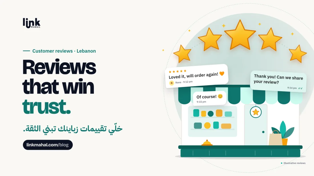 Gold stars arc over an illustrated shop front as a happy buyer's WhatsApp message builds the kind of customer reviews Lebanon shoppers trust
