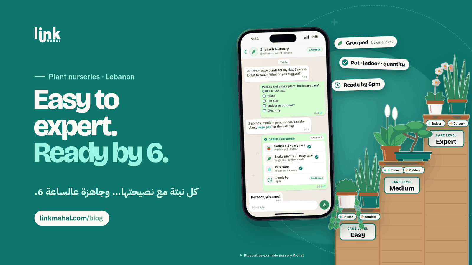 Illustration of a hypothetical WhatsApp plant nursery Lebanon chat with a plant, pot size, indoor or outdoor and quantity checklist