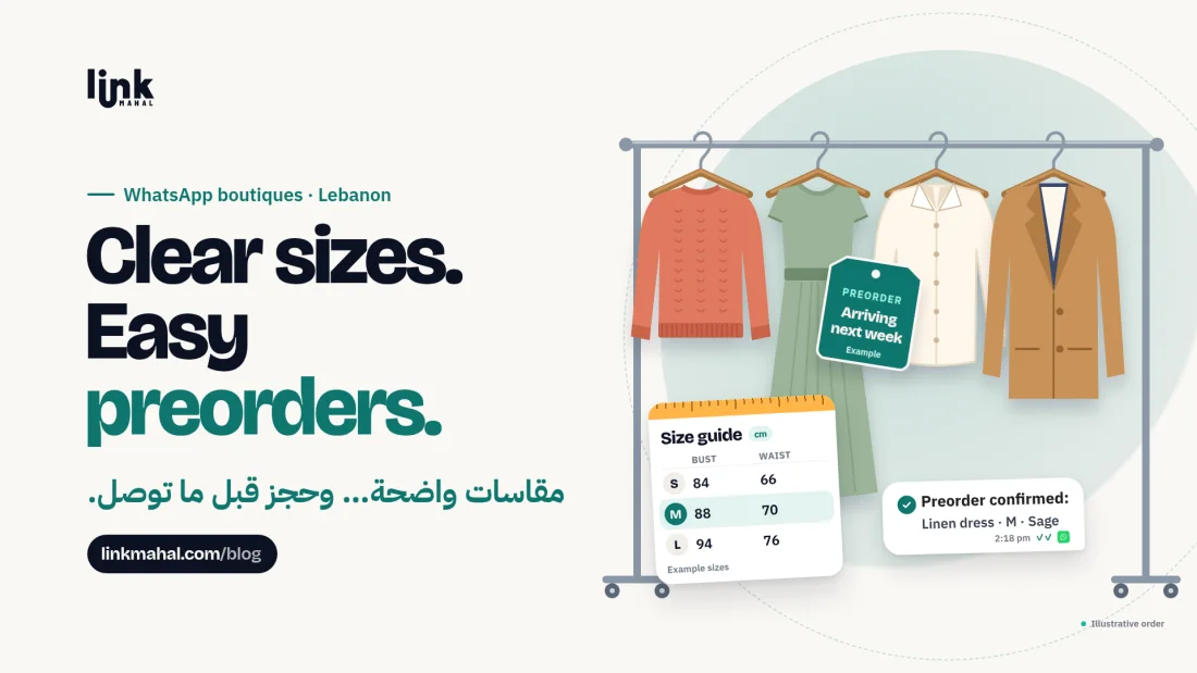 Boutique rail with a preorder linen dress and an S/M/L size guide card, showing how a WhatsApp clothing boutique Lebanon shop shares fit