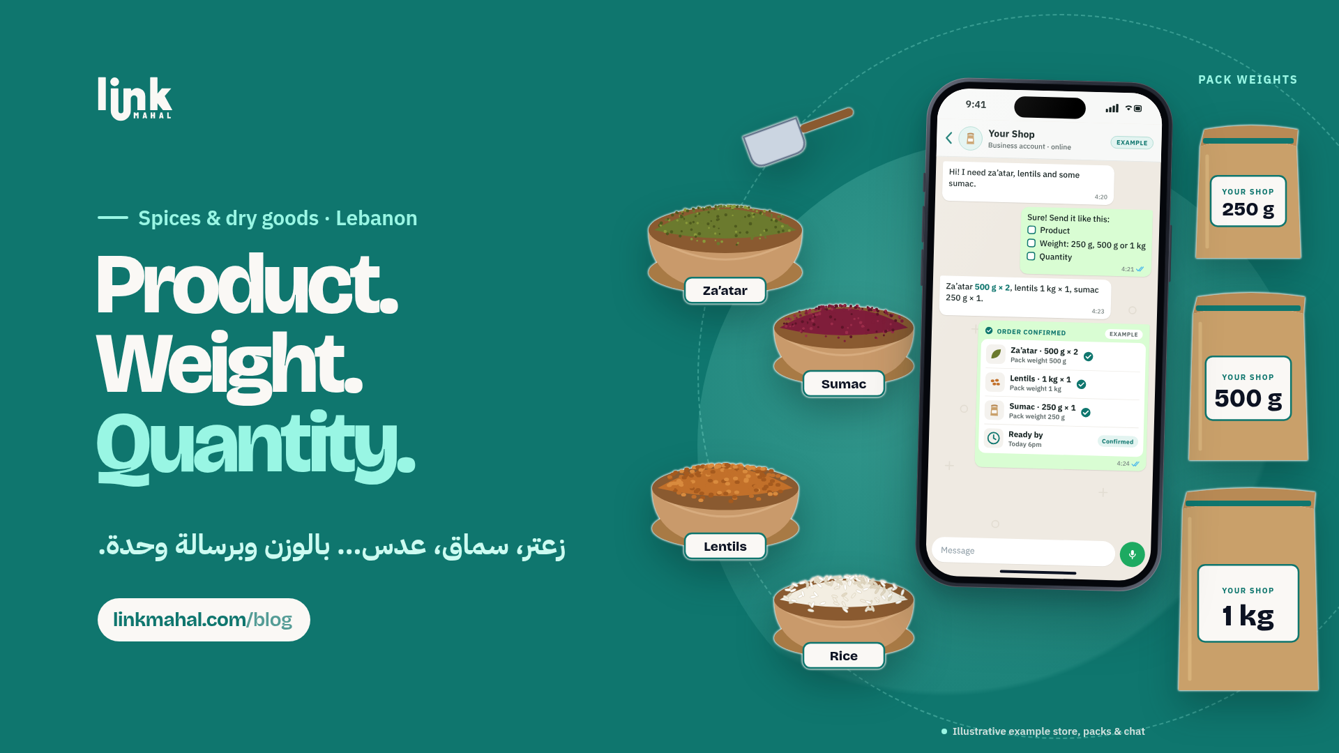 Hypothetical WhatsApp store listing with spices and grains offered in 250 g, 500 g and 1 kg packs for a Lebanese shop