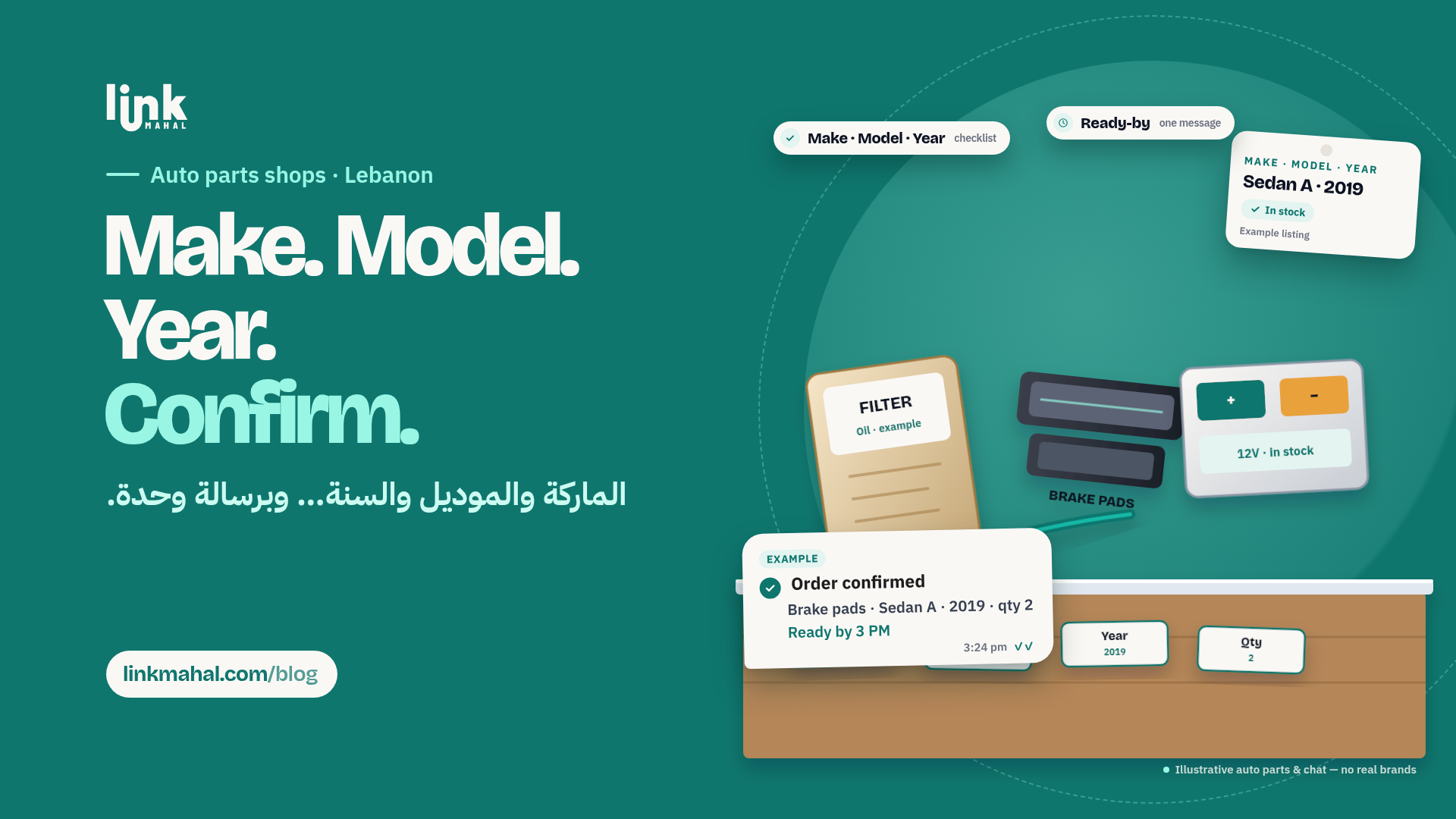 Lebanese auto parts shop WhatsApp order confirmed by make model and year with ready-by time
