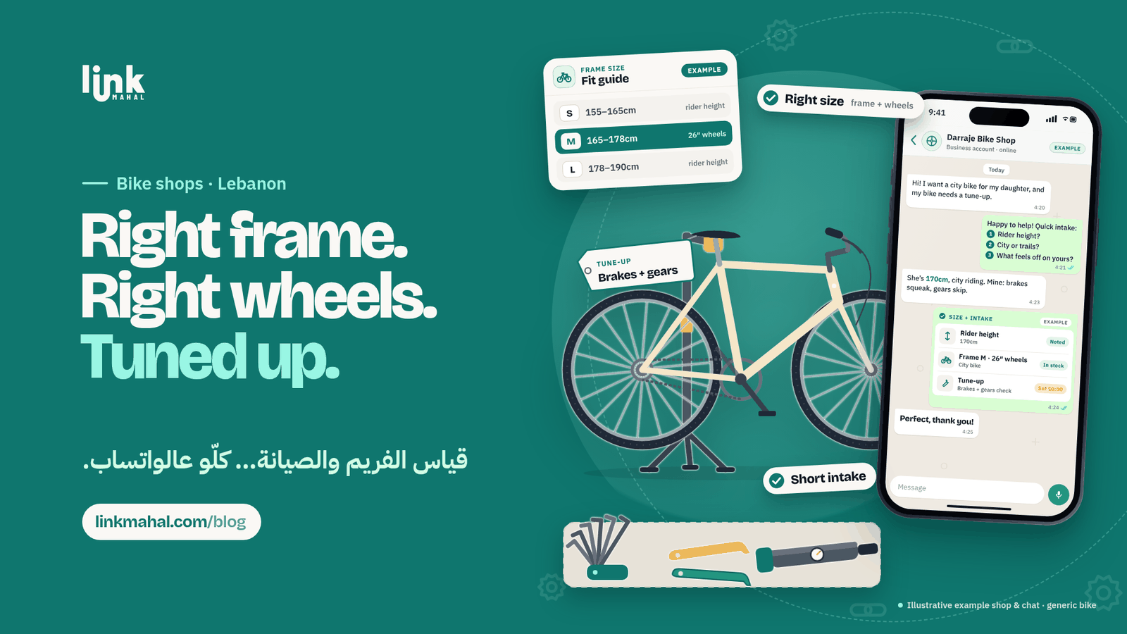 Teal WhatsApp bike shop Lebanon illustration: a frame-size fit guide, a bike on a repair stand with a tune-up tag and an example intake chat