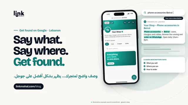 Cover for a guide to writing a store description Lebanon shoppers and Google understand: a phone storefront with a short shop summary and search words highlighted
