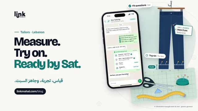 WhatsApp tailor Lebanon cover: example chat with three fit questions and an alteration intake card beside chalk-marked trousers and a cutting mat