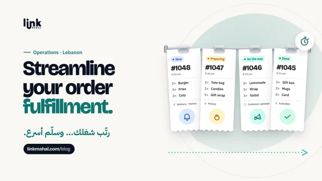 Link Mahal banner with a kitchen-style ticket rail tracking order fulfillment from New to Preparing, On the way and Done