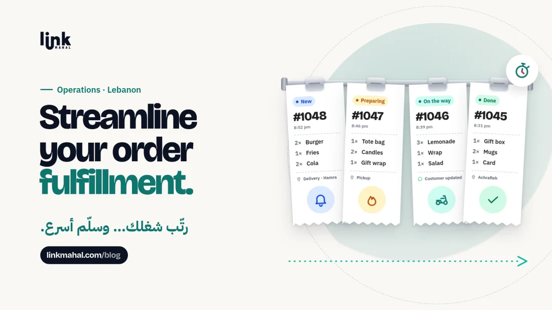 Link Mahal banner with a kitchen-style ticket rail tracking order fulfillment from New to Preparing, On the way and Done