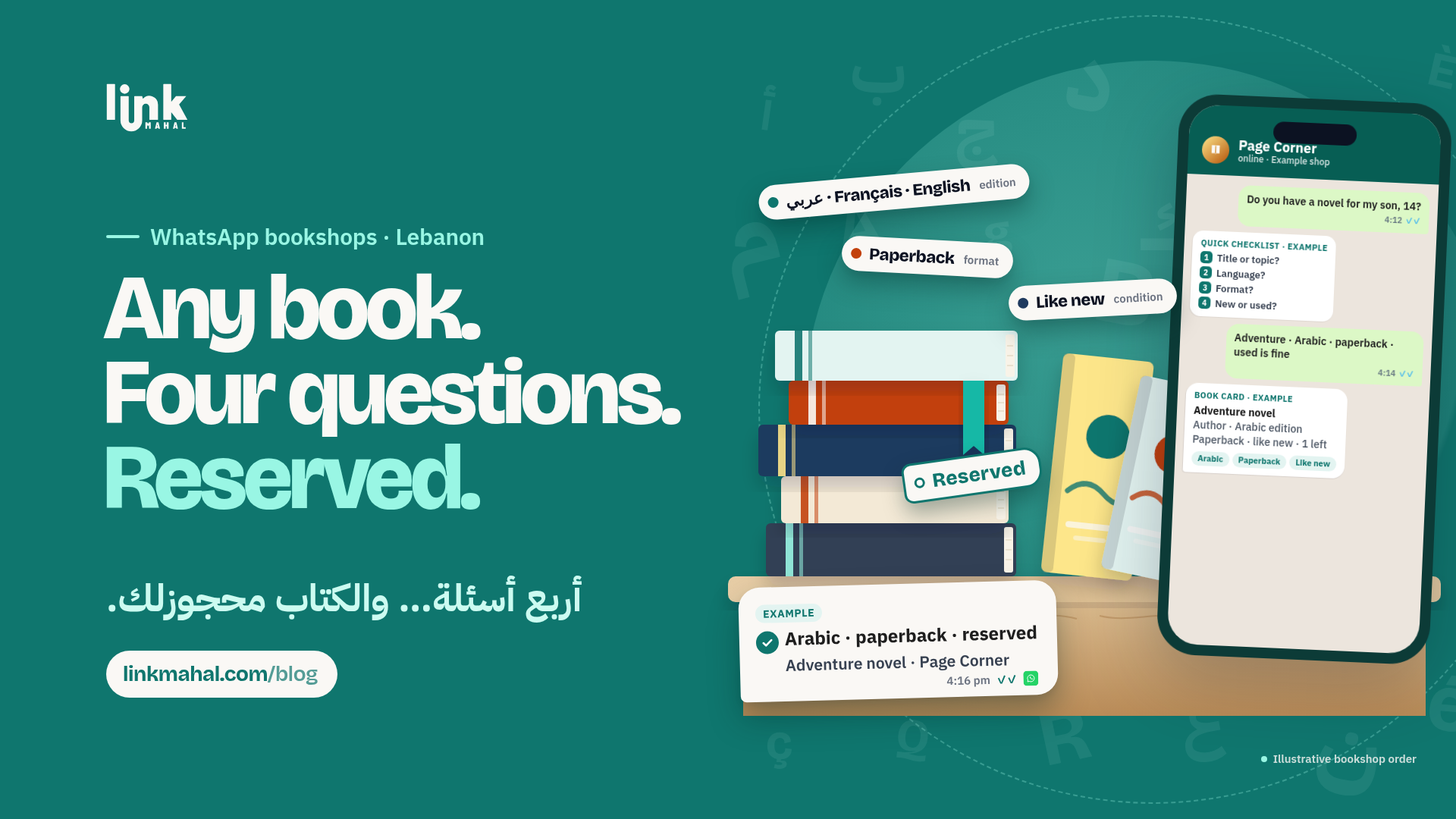 Teal illustration of a WhatsApp bookshop Lebanon chat confirming an Arabic paperback, with edition, format and condition labels