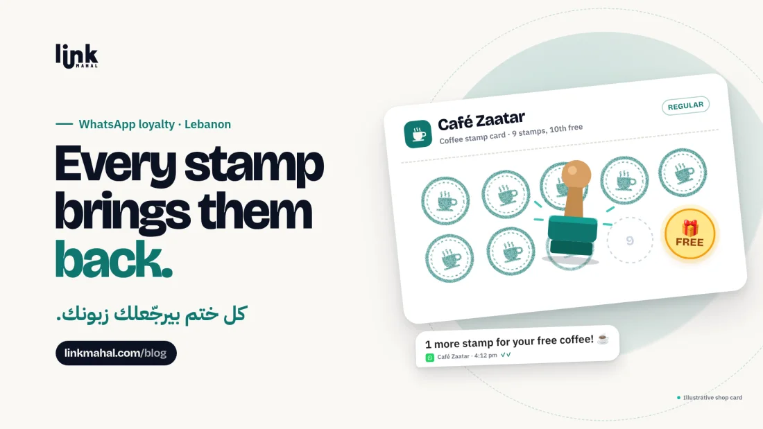 Tilted Café Zaatar coffee stamp card with a rubber stamp mid-press and a FREE 10th slot, a simple WhatsApp loyalty program Lebanon shops can run