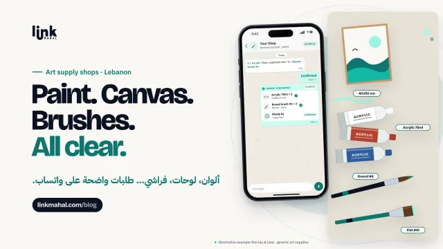 Cover for a guide to running a WhatsApp art supply shop Lebanon painters trust: a phone storefront listing paints, canvases and brushes with size and color