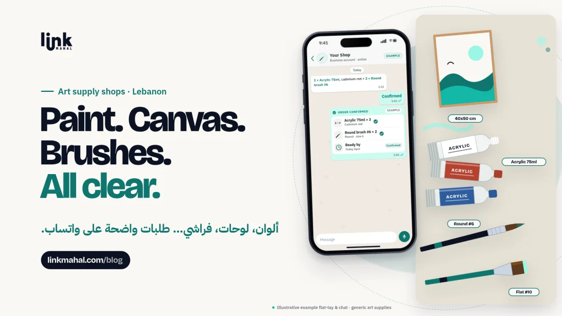 Cover for a guide to running a WhatsApp art supply shop Lebanon painters trust: a phone storefront listing paints, canvases and brushes with size and color