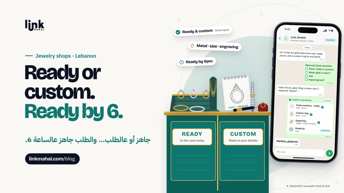 WhatsApp jewelry shop Lebanon cover: a jewelry counter split into ready pieces and custom tools beside a phone with an order checklist