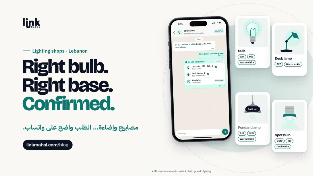 Cover for a guide to running a WhatsApp lighting shop Lebanon buyers trust: a phone storefront listing lamps and bulbs with fitting, wattage and light color