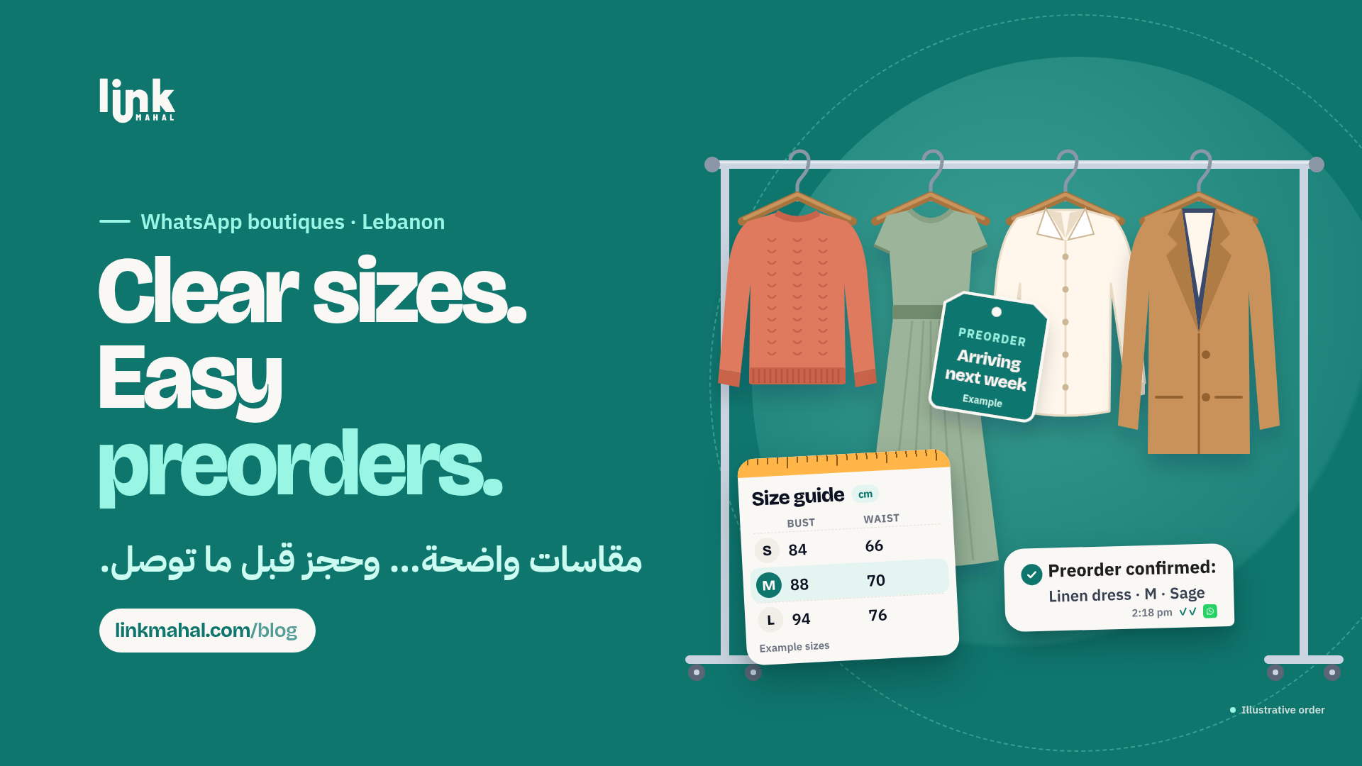 Preorder confirmed chat for a linen dress in size M and Sage, the written step a WhatsApp clothing boutique Lebanon shop sends