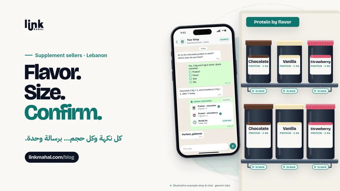 Cover for a WhatsApp gym supplements Lebanon guide: protein tubs on shelves sorted by flavor and size, with a phone showing an order chat