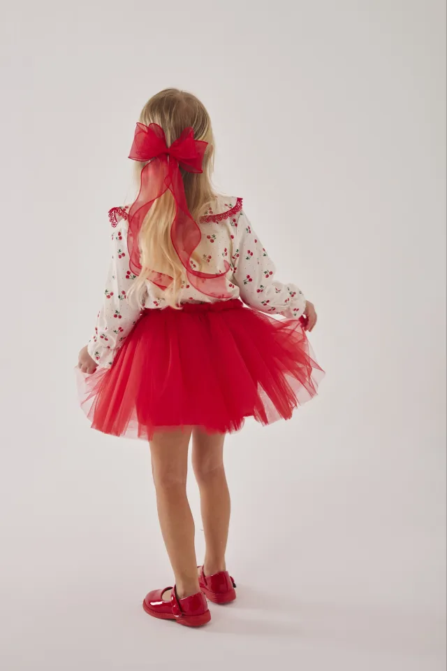Girls Cherry Shirt, Red Tulle Skirt & Bow Set