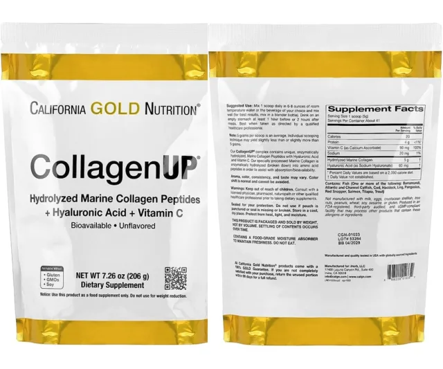 California Gold Nutrition - Hydrolyzed Marine Collagen Peptides with Hyaluronic Acid and Vitamin C - 206 g