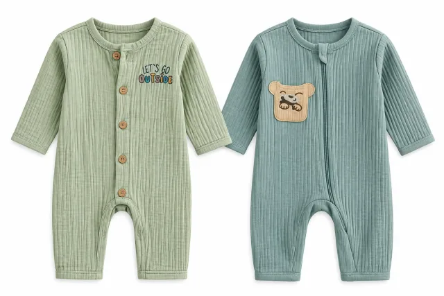 Baby Sage Green Ribbed Romper, Baby Blue-Green Ribbed Bear Romper