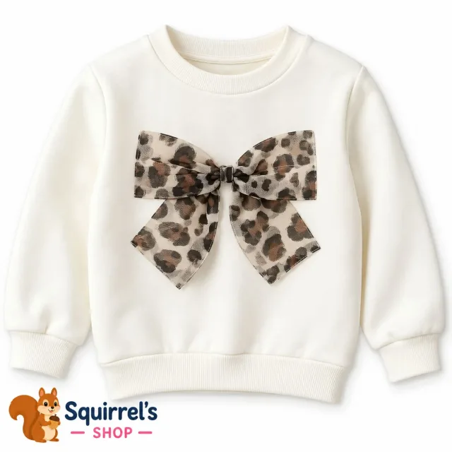 Girls’ Cream Sweatshirt with Leopard-Print Bow