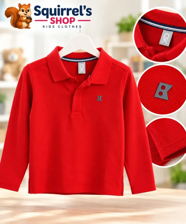  Red & White Long-Sleeve Polo Shirt for Kids