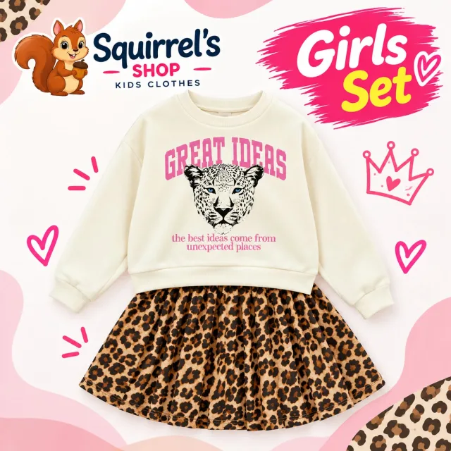 Girls’ Sweatshirt & Leopard Print Skirt Set