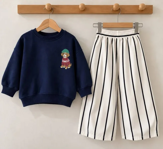 Kids Dog Print Set – Navy Blue & White