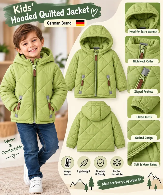Kids’ Hooded Quilted Jacket – German Brand 🇩🇪