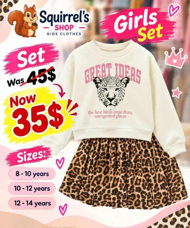 Girls’ Sweatshirt & Leopard Print Skirt Set