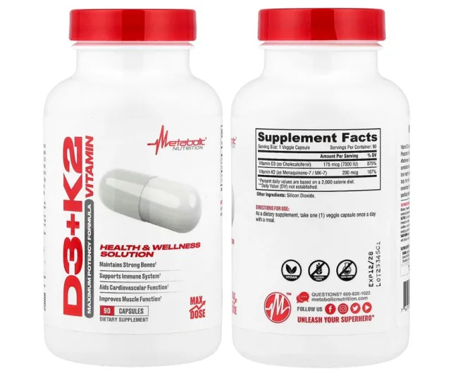 Metabolic Nutrition - Vitamin D3 + K2 (7000 IU + 200mcg) - 90 Capsules