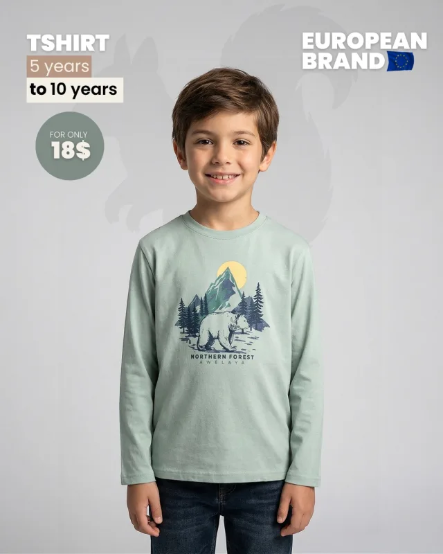 1. Boys’ Sage Green Organic Cotton T-Shirt – Bear Design+ Dinosaur Design