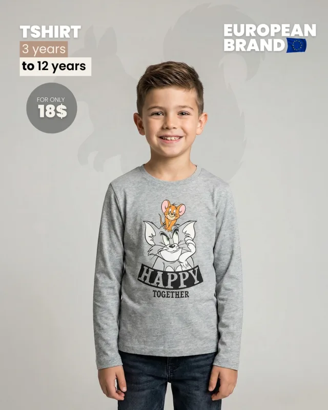 Boys’ Grey Long-Sleeve T-Shirt – Tom & Jerry 🐱🐭