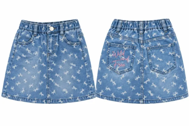 **Product Name:** Girls' Blue Denim Skirt – Horse Print