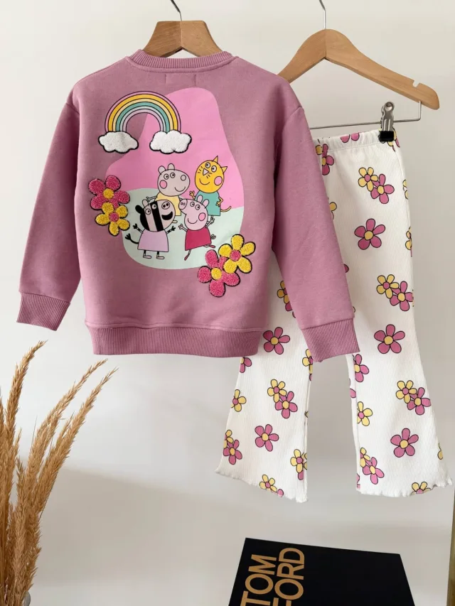 Girls Pink Baby Pink Sweatshirt & Floral Pants Set
