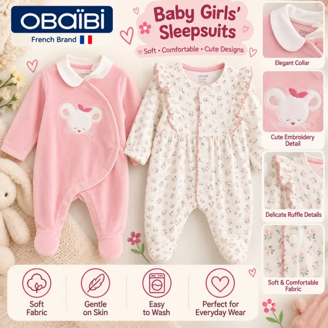  OBAÏBI Baby Girls’ Sleepsuits – 2 Styles