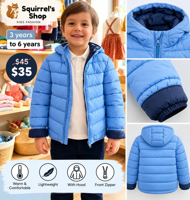 Stylish black puffer jacket for boys, featuring a hood, front zipper, and a modern quilted design. Warm, lightweight, and comfortable, making it perfect for chilly autumn and winter days.