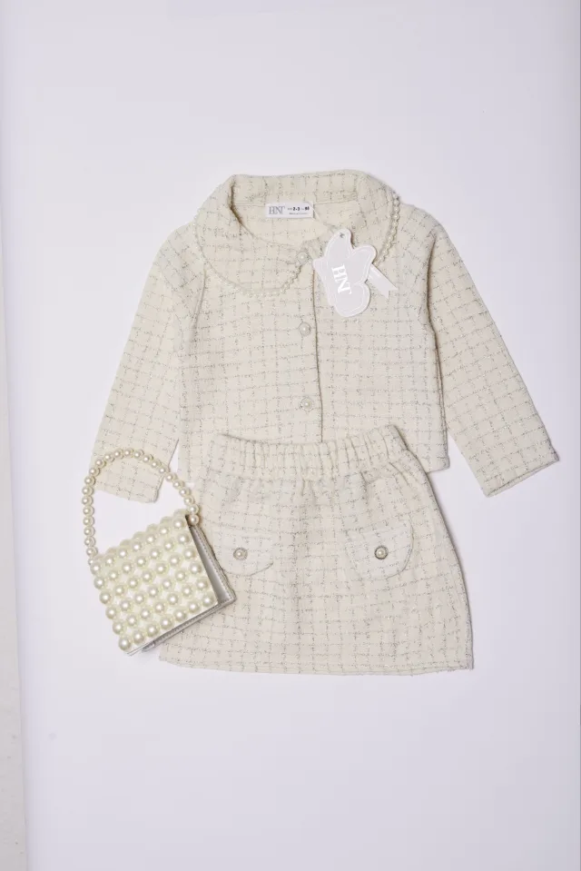 Girls Off-White Shirt & Skirt Set with Pearl Bag